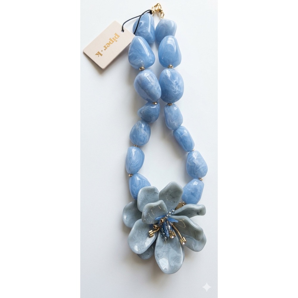 Piper K Blue Marbled Resin Chunky Bead Flower Statement Necklace 18-21 Inch - Picture 1 of 5